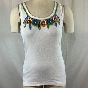 Tory Burch White Ribbed Tank with Beaded Felt Flowers, Large